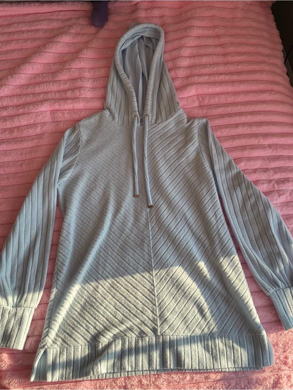Nine West Light Blue Ribbed Hooded Tunic Sweater